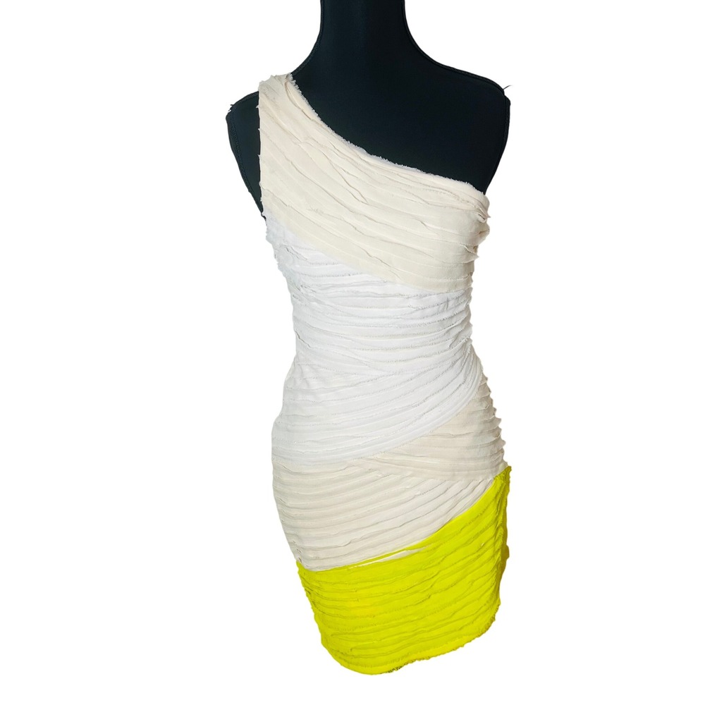 Bebe‎ Women One Shoulder Colorblock Fringe Mini Dress Neon Feminine Dainty Sz S